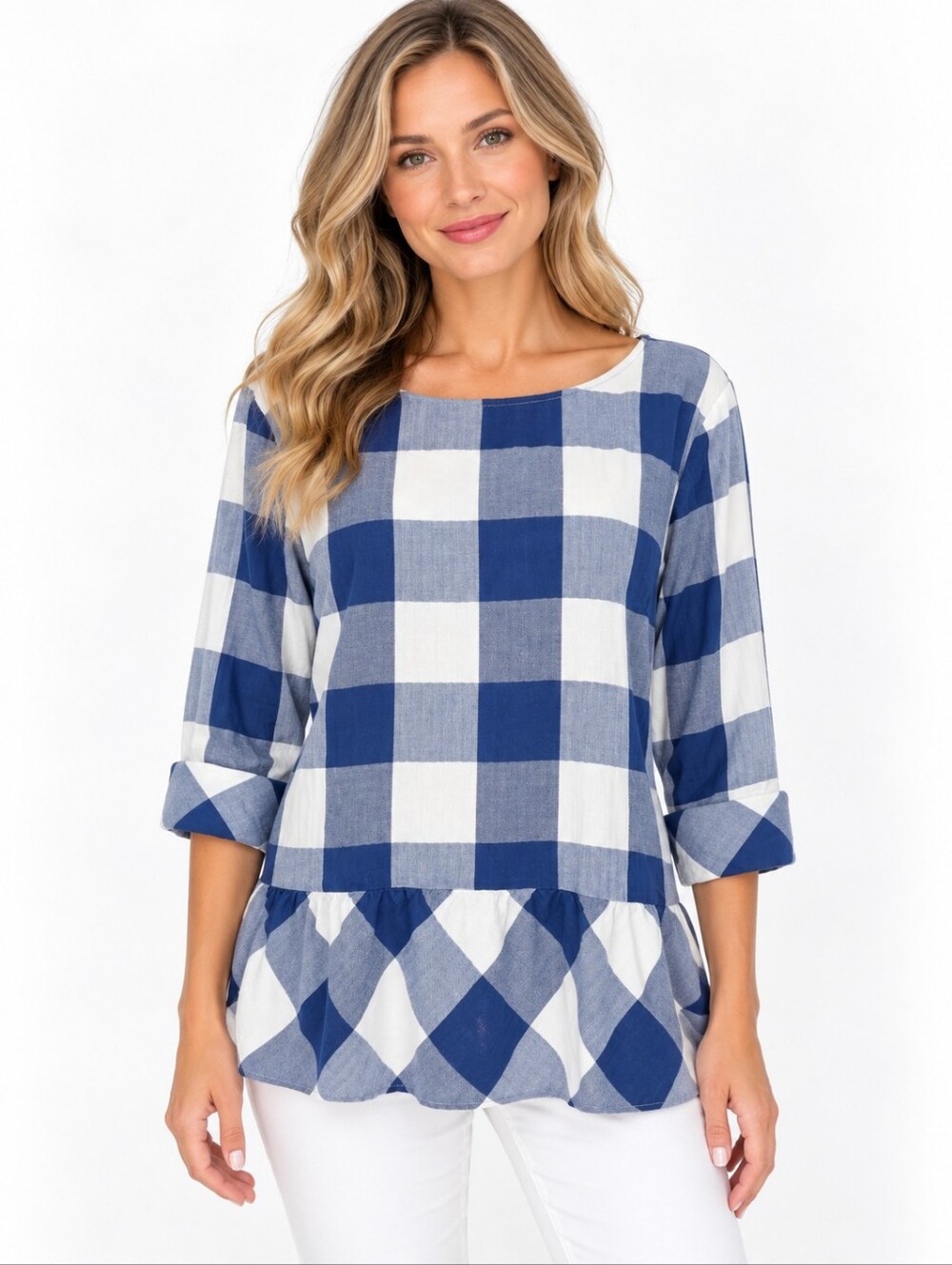 Southern Tide Women’s 10 Blue White Buffalo Plaid Cotton Ruffle Hem Tunic Top